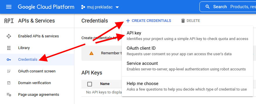 Cloud Translation API vytvořit API klíč