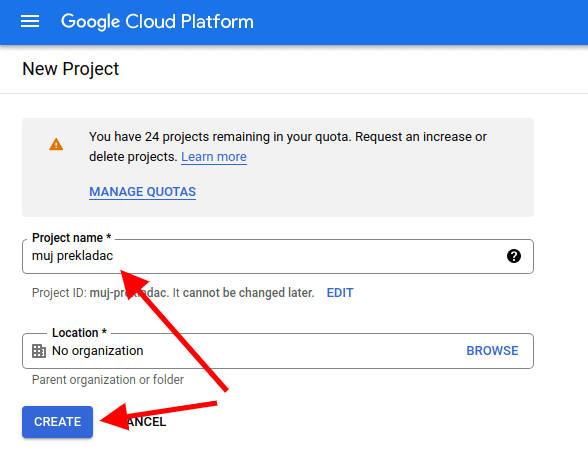 Formulář vytvoření projektu v Google Cloud Platform